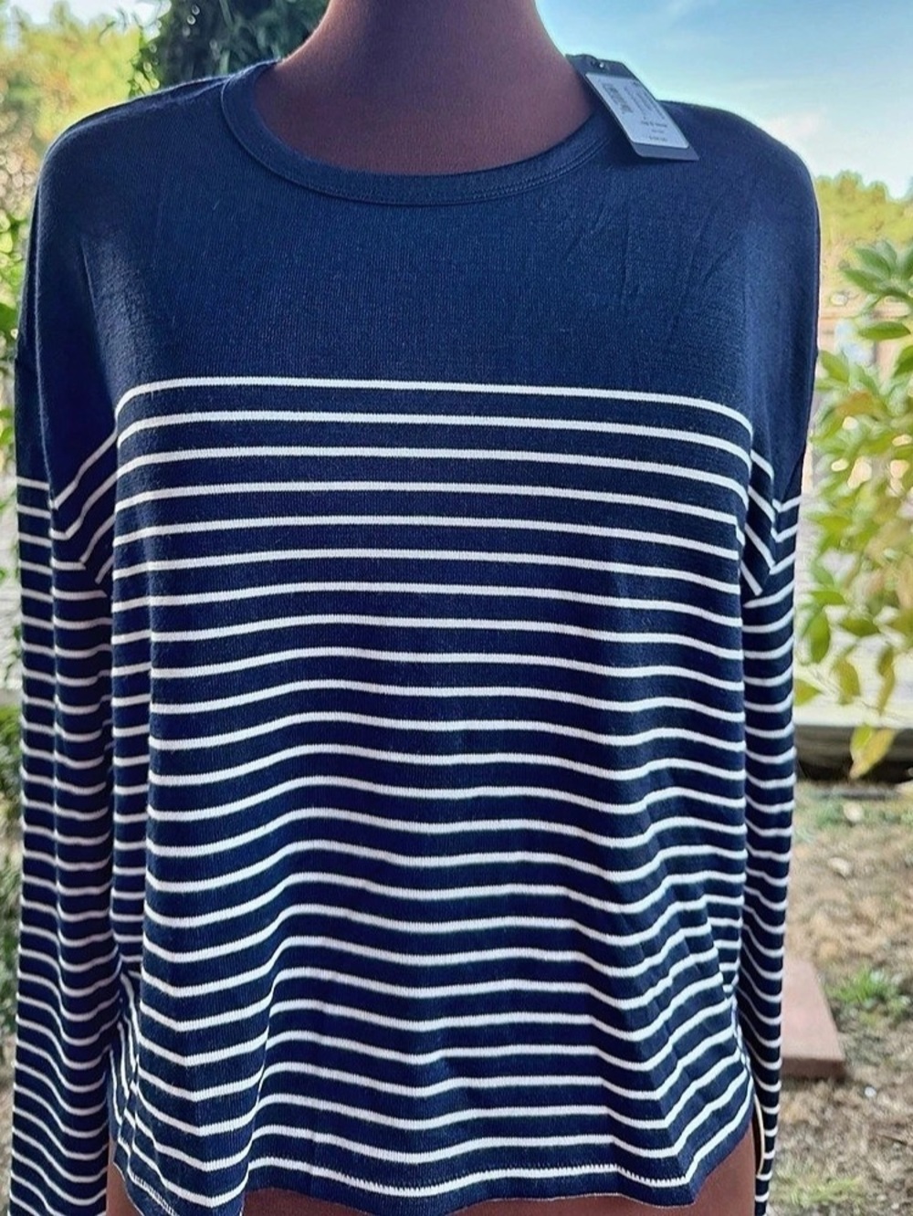 NWT rag & bone The Knit Stripe Boxy Long Sleeve Tee Navy Ivory L